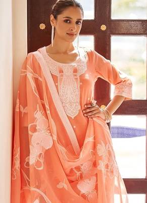 Orange embroidered poly cotton jacquard straight 3