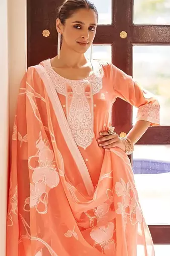 Orange embroidered poly cotton jacquard straight