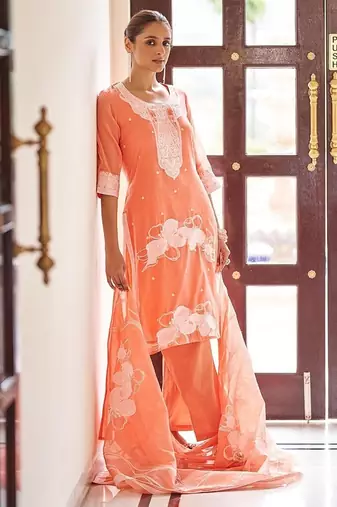 Orange embroidered poly cotton jacquard straight