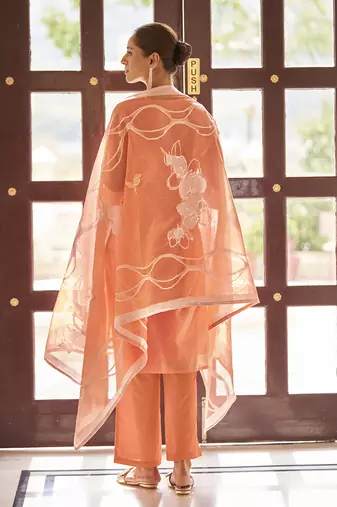 Orange embroidered poly cotton jacquard straight