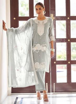 Grey embroidered poly cotton jacquard straight 1