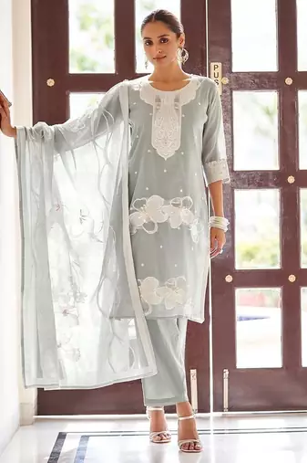 Grey embroidered poly cotton jacquard straight