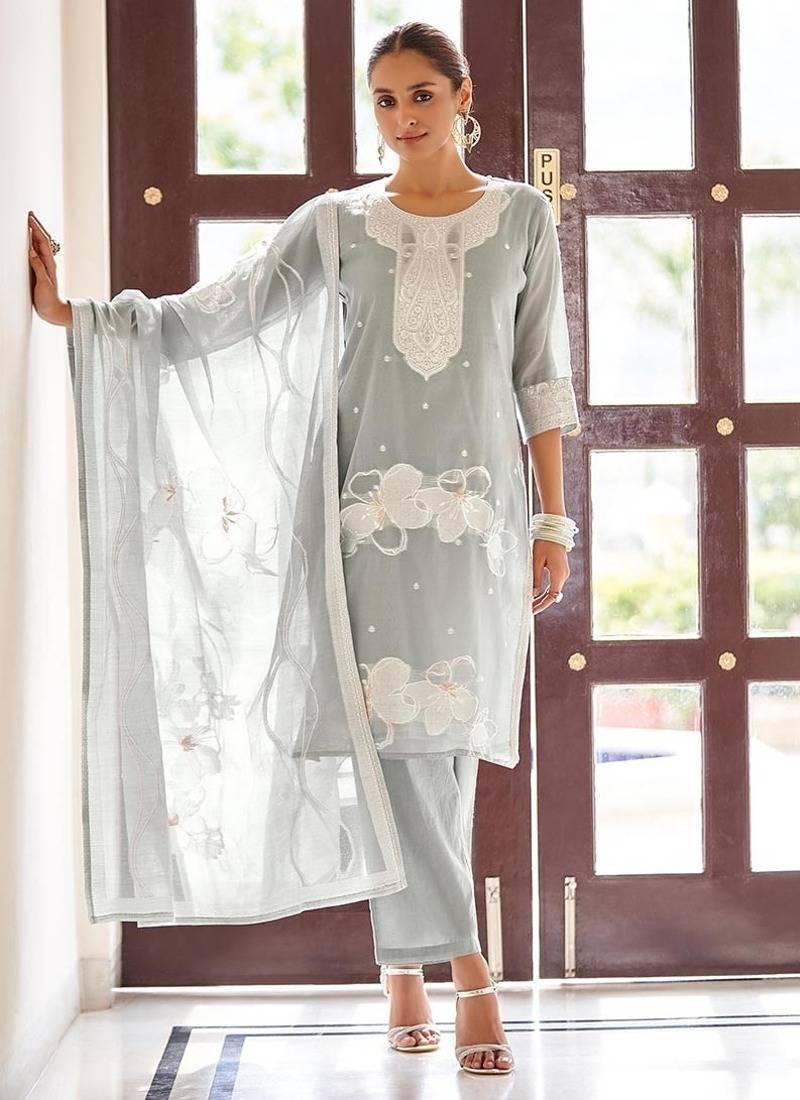 Grey embroidered poly cotton jacquard straight