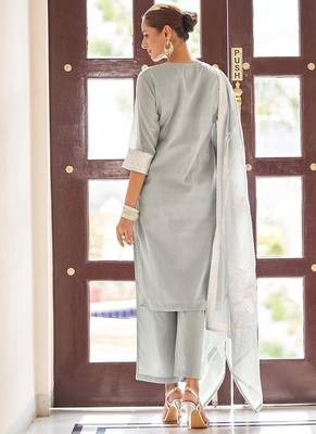 Grey embroidered poly cotton jacquard straight 2