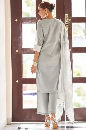 Grey embroidered poly cotton jacquard straight