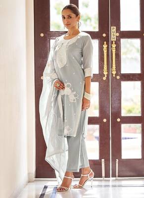 Grey embroidered poly cotton jacquard straight 3