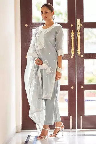 Grey embroidered poly cotton jacquard straight