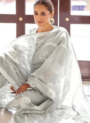 Grey embroidered poly cotton jacquard straight 4