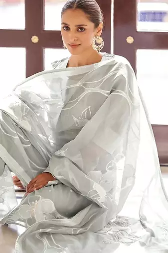 Grey embroidered poly cotton jacquard straight
