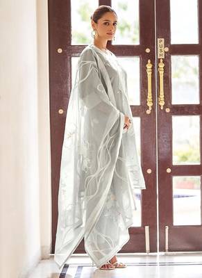 Grey embroidered poly cotton jacquard straight 5
