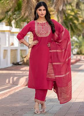 Pink embroidered  cotton blend
 kurta set with dupatta straight 1