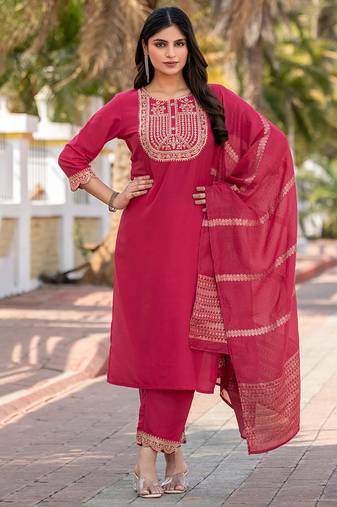 Pink embroidered  cotton blend
 kurta set with dupatta straight