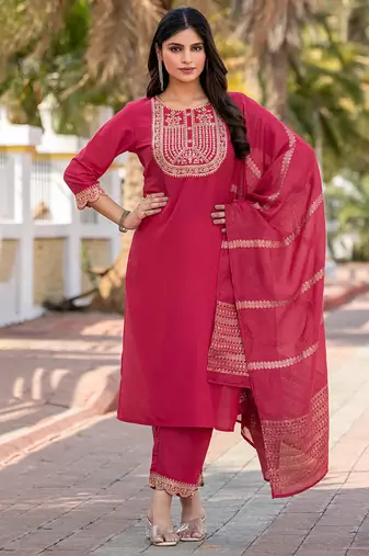 Pink embroidered  cotton blend
 kurta set with dupatta straight