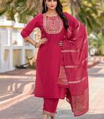 Pink embroidered  cotton blend
 kurta set with dupatta straight