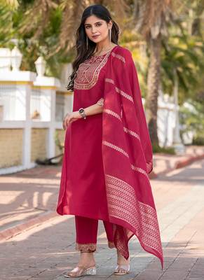 Pink embroidered  cotton blend
 kurta set with dupatta straight 2