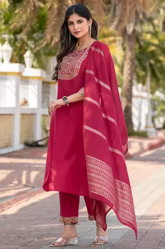 Pink embroidered  cotton blend
 kurta set with dupatta straight