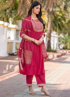Pink embroidered  cotton blend
 kurta set with dupatta straight 3