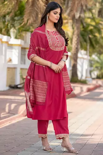 Pink embroidered  cotton blend
 kurta set with dupatta straight