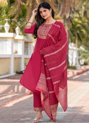 Pink embroidered  cotton blend
 kurta set with dupatta straight 4