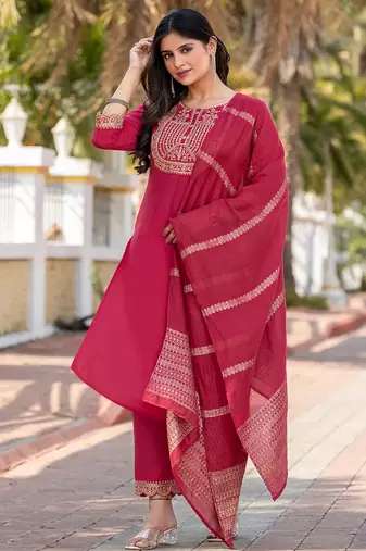 Pink embroidered  cotton blend
 kurta set with dupatta straight