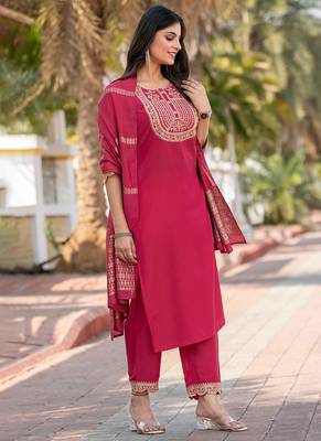Pink embroidered  cotton blend
 kurta set with dupatta straight 5