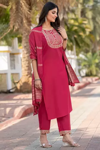 Pink embroidered  cotton blend
 kurta set with dupatta straight