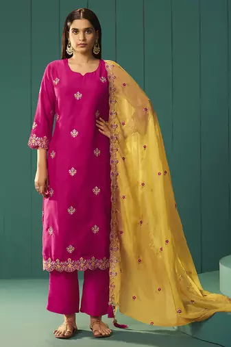 Pink embroidered work chinnon straight