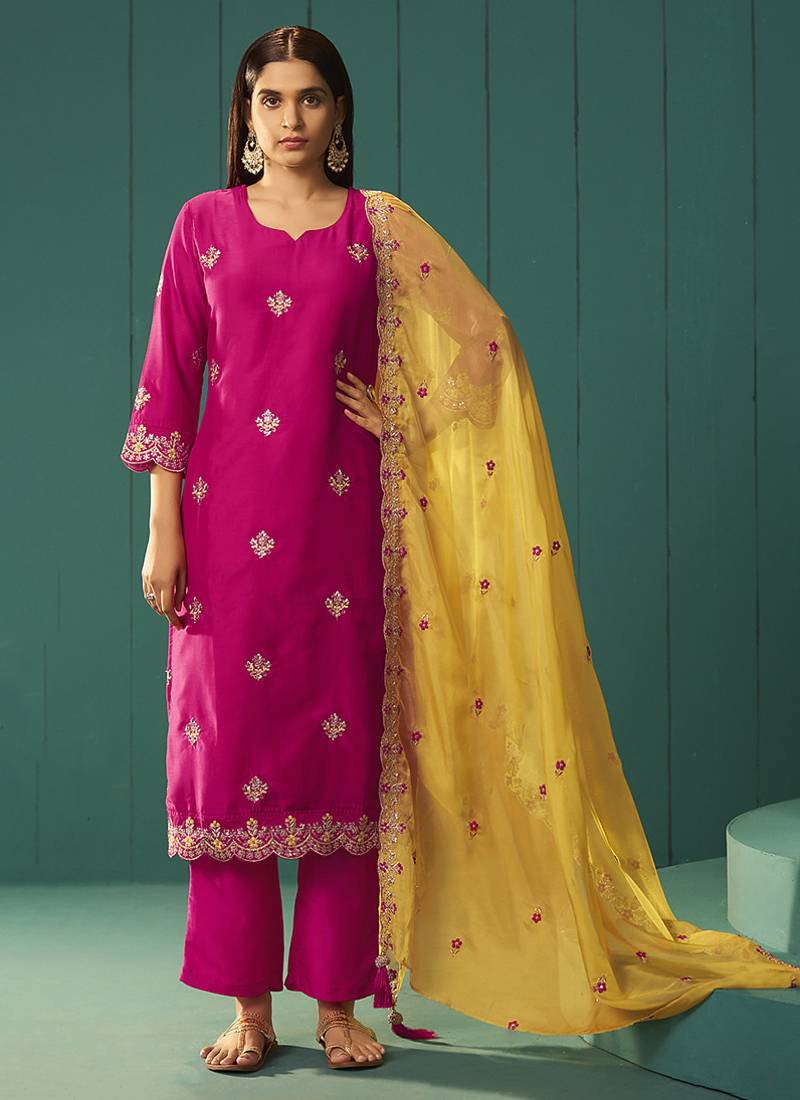Pink embroidered work chinnon straight