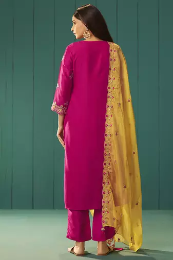 Pink embroidered work chinnon straight