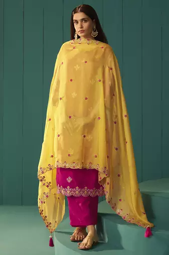 Pink embroidered work chinnon straight