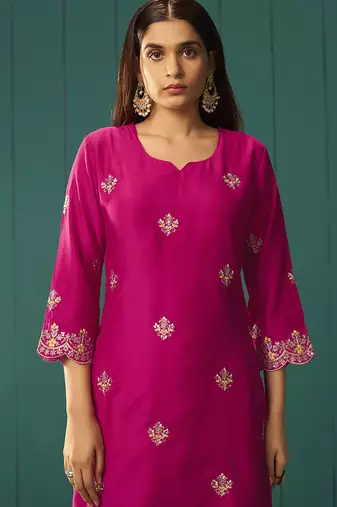 Pink embroidered work chinnon straight