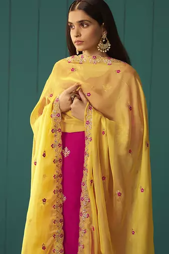 Pink embroidered work chinnon straight