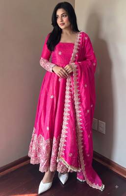 Rani pink colour  heavy embroidered anarkali kurta set with designer cutwork dupatta & pant 2