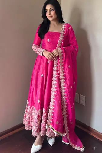 Rani pink colour  heavy embroidered anarkali kurta set with designer cutwork dupatta & pant