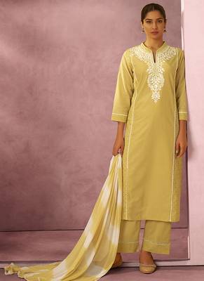 Yellow schiffly with embroidered cotton blend straight 1