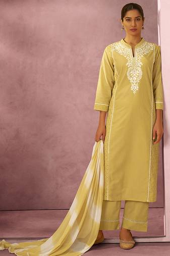 Yellow schiffly with embroidered cotton blend straight