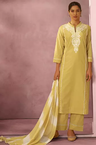 Yellow schiffly with embroidered cotton blend straight