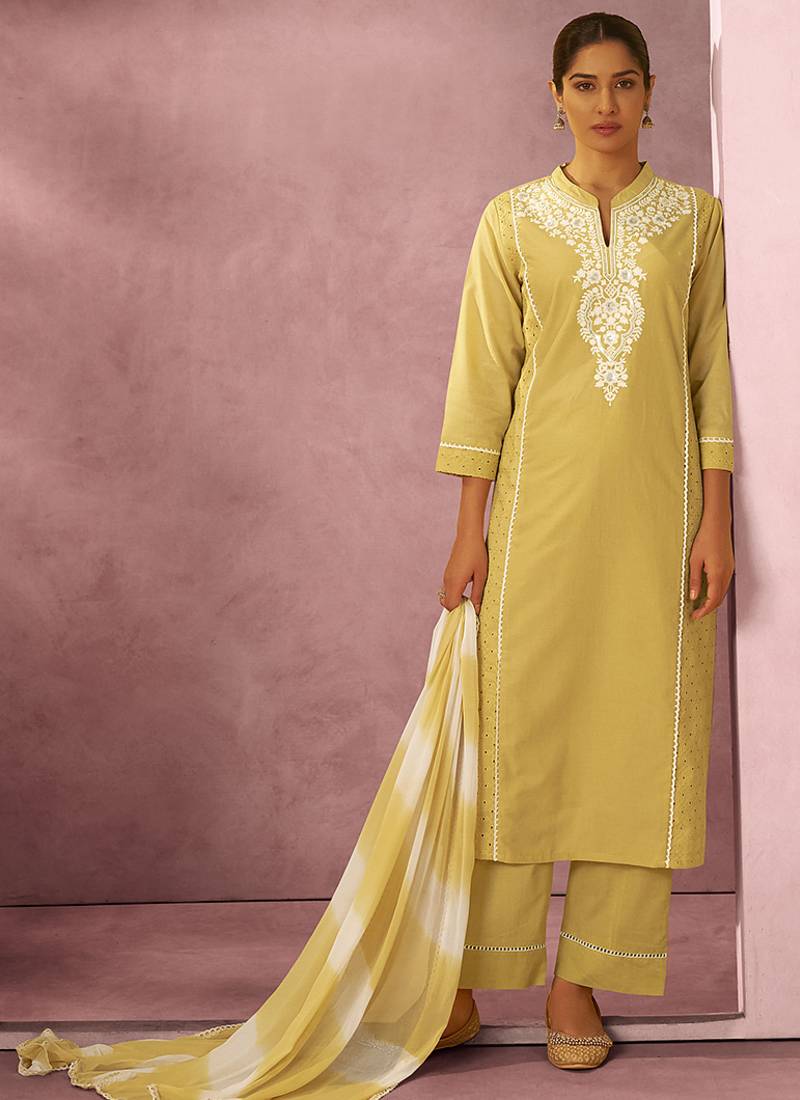 Yellow schiffly with embroidered cotton blend straight
