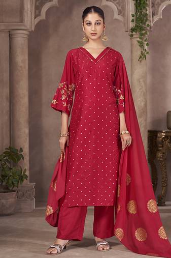 Red embroidered chinnon straight