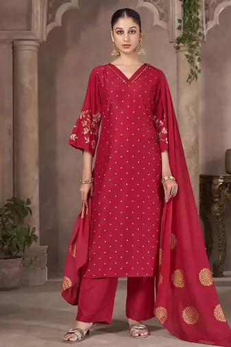 Red embroidered chinnon straight
