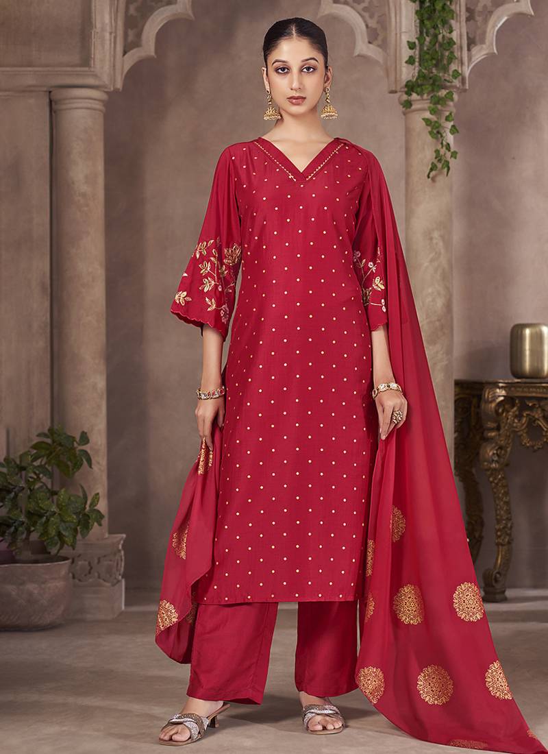 Red embroidered chinnon straight