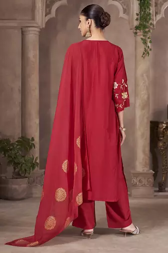 Red embroidered chinnon straight