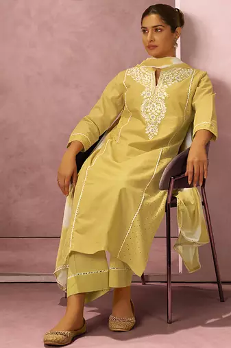 Yellow schiffly with embroidered cotton blend straight