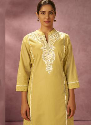 Yellow schiffly with embroidered cotton blend straight 4