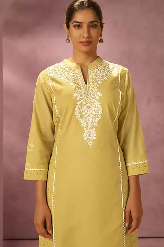 Yellow schiffly with embroidered cotton blend straight