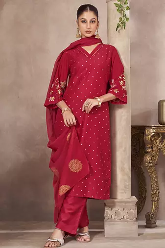 Red embroidered chinnon straight