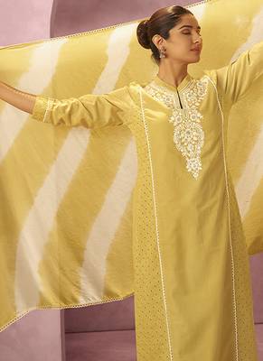 Yellow schiffly with embroidered cotton blend straight 5