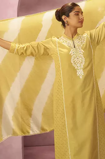 Yellow schiffly with embroidered cotton blend straight