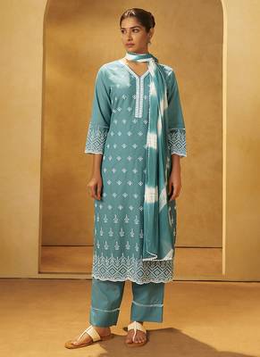 Turquoise blue embroidered cotton straight 1