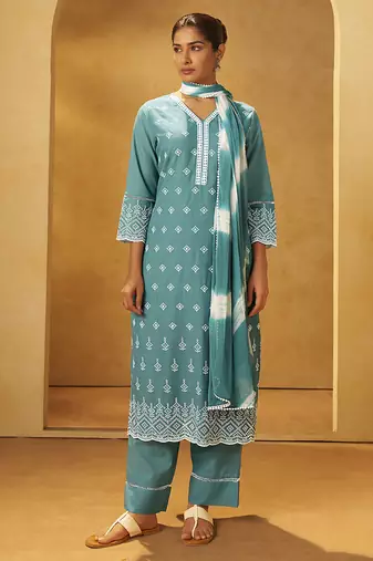Turquoise blue embroidered cotton straight